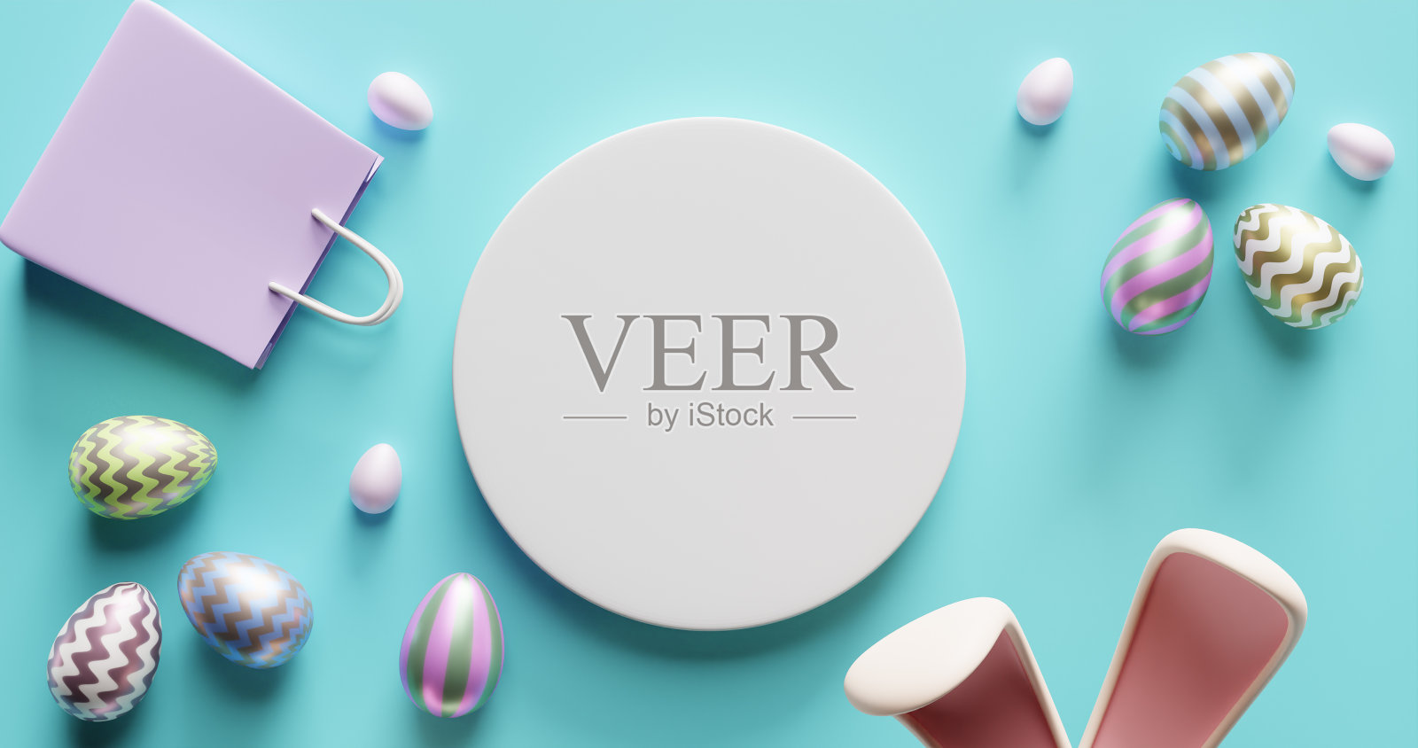 复活节构图由一个空的白色圆圈在兔子耳朵蛋的中心在蓝色背景。3d照片摄影图片