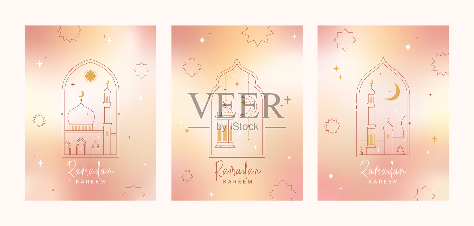 斋月卡里姆卡，海报，节日封面集。收集伊斯兰贺卡，横幅模板。现代美丽的几何简约风格和陶土颜色的设计。时髦的渐变，线性框架与星星，拱门。插画图片素材