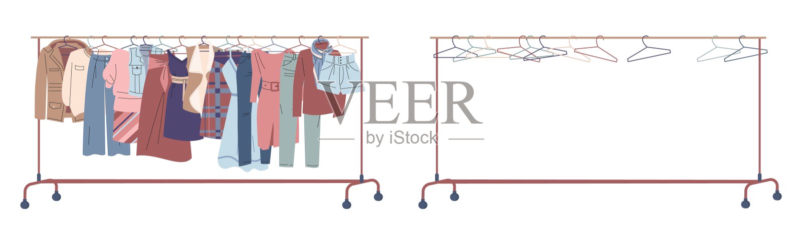 衣服放在衣架上。铺布衣架空，放毛衣、连衣裙、牛仔裤和夹克。衣柜元素，女性时装店或商店，俏皮的矢量图形插画图片素材