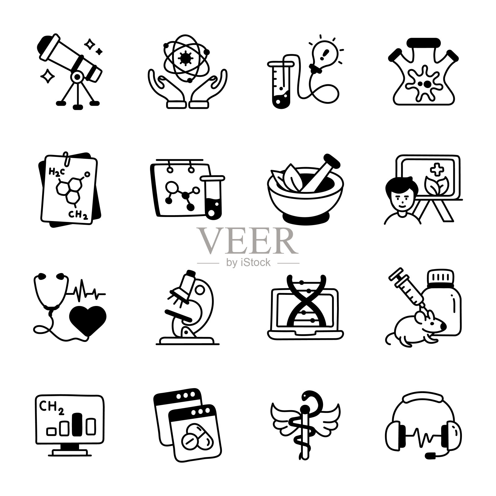 医学科学图标设置在涂鸦风格插画图片素材