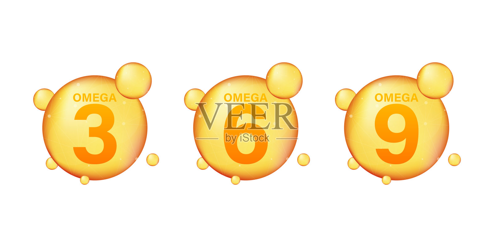 欧米伽3、6和9的金色图标。维生素滴丸胶囊。闪亮的金色精华滴插画图片素材