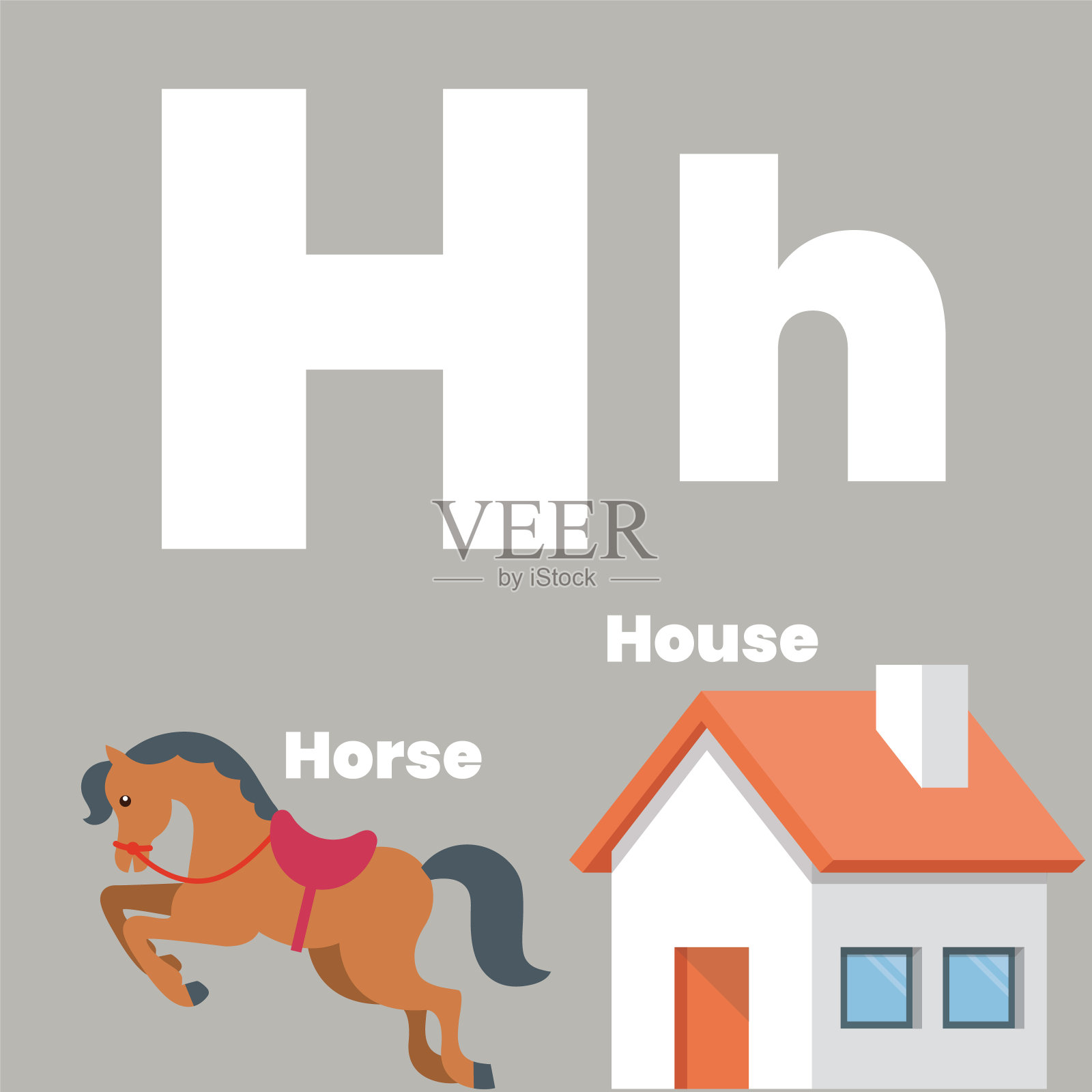 可爱的孩子ABC字母抽认卡单词与字母H插画图片素材