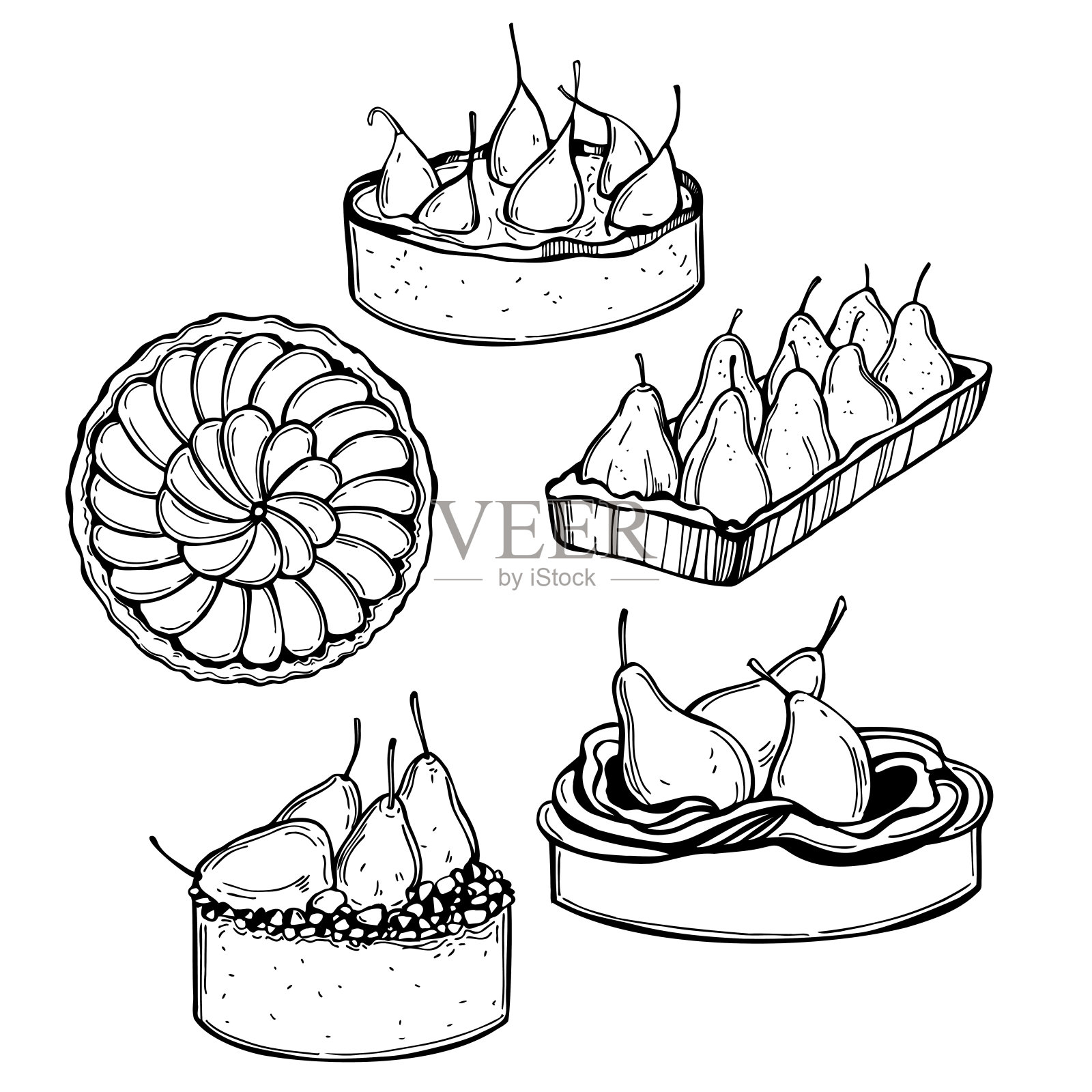 在白色背景上画梨馅饼和蛋糕。插画图片素材