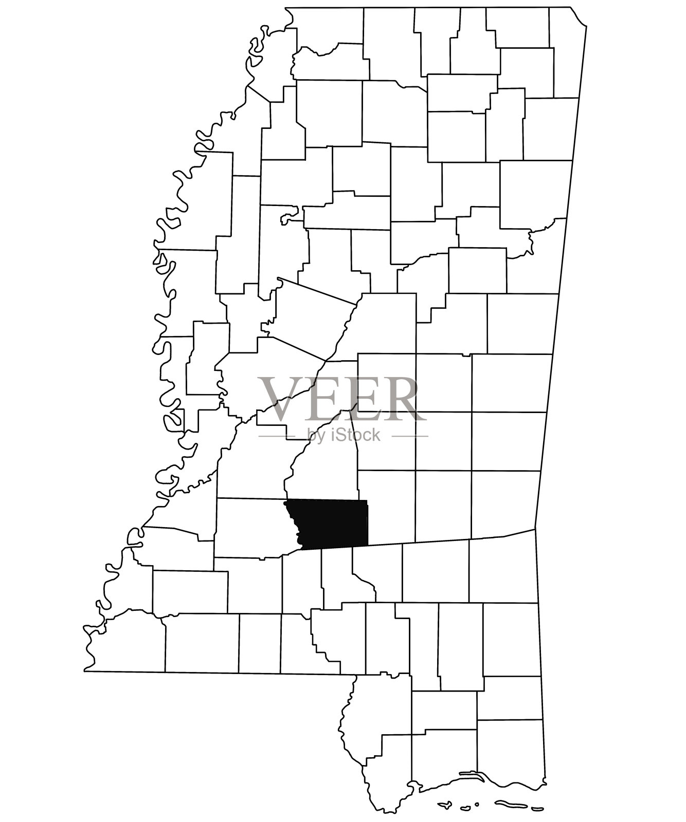 白色背景的密西西比州辛普森县地图。密西西比地图上的单个县以黑色突出显示。美利坚合众国，美国插画图片素材