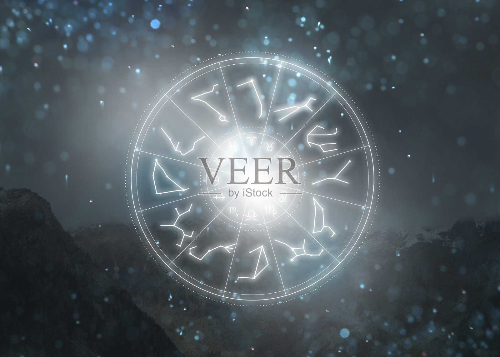 十二生肖轮与12星座和星座和山脉景观的背景照片摄影图片