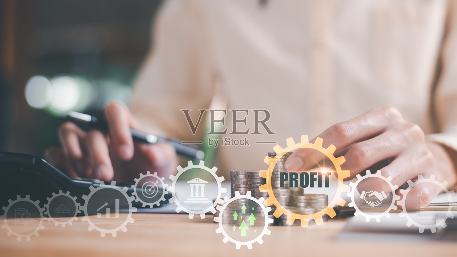 投资者和齿轮图标，显示成功和利润图表，增加利润和财富，盈利增长的业务和投资，发展的进展，财务业绩和投资，照片摄影图片