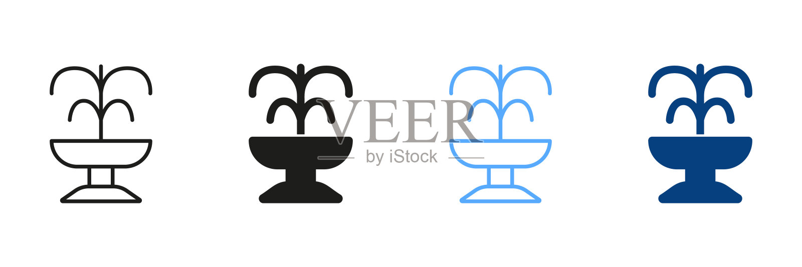 喷泉剪影和线图标集。倒水黑色和彩色象形文字。公园和花园建筑，喷泉符号集合。矢量隔离图插画图片素材