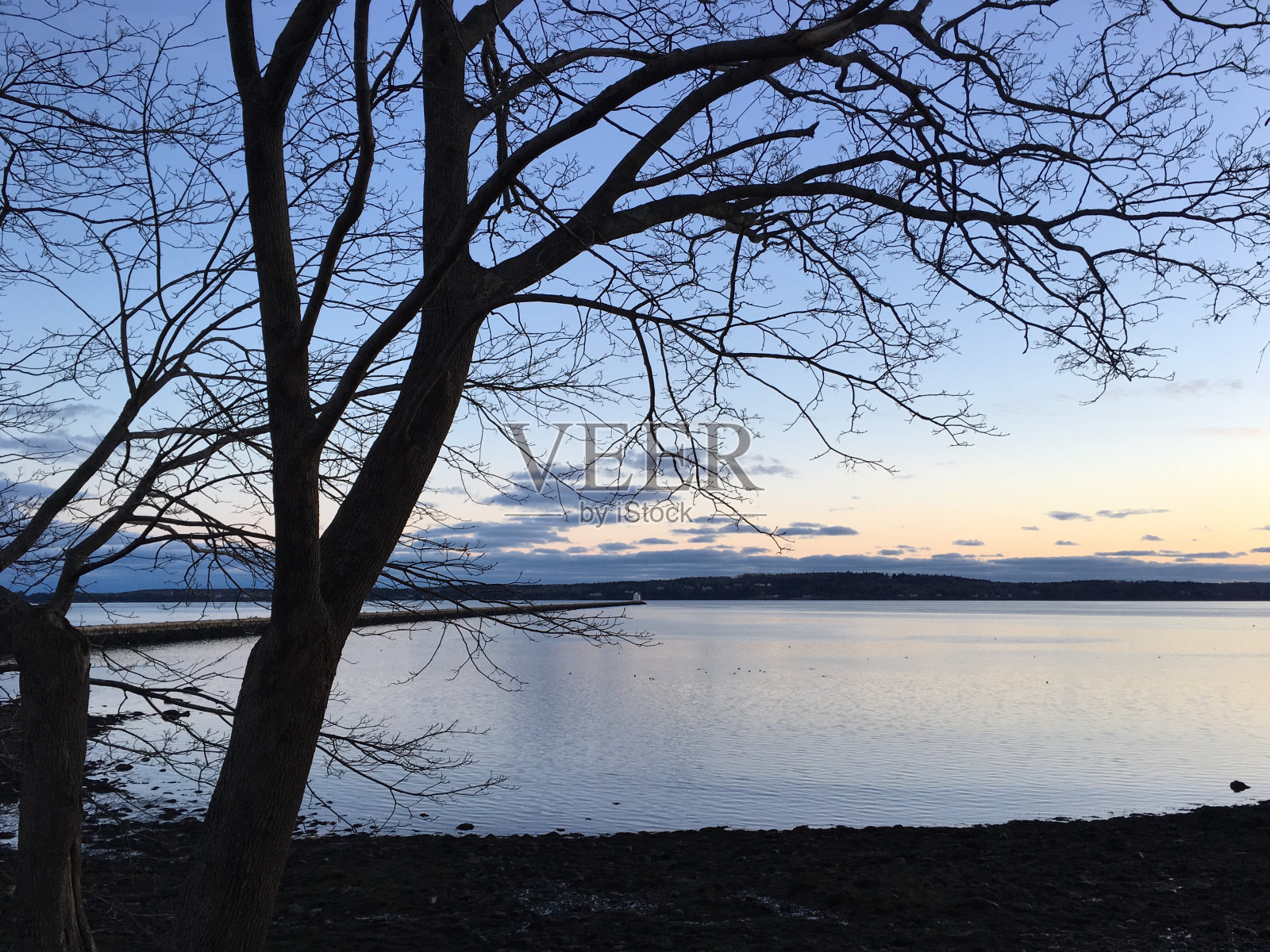 缅因州港口日落时引人注目的冬日天空照片摄影图片