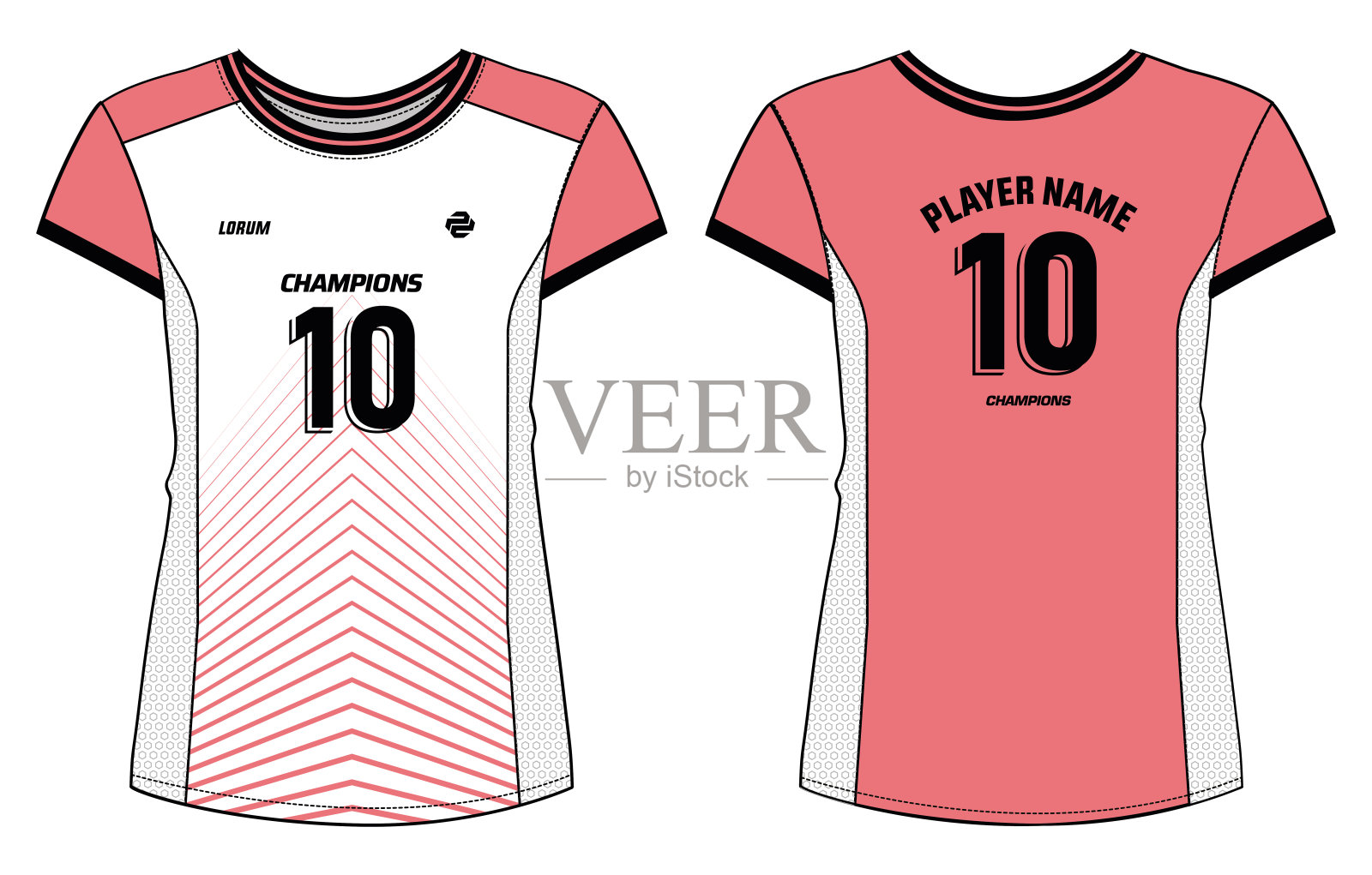 女子运动运动衫设计平面素描插图，抽象图案圆领t恤为女孩和女子排球运动衫，足球，羽毛球，足球和无板篮球，运动制服套件插画图片素材