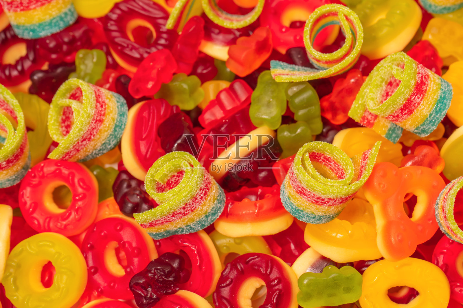各色彩色软糖。前视图。果冻甜甜圈。照片摄影图片