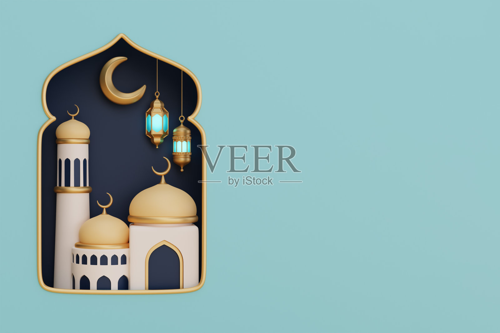 斋月或宰牲节与清真寺，金新月和灯笼。穆斯林的伊斯兰节日。三维渲染照片摄影图片