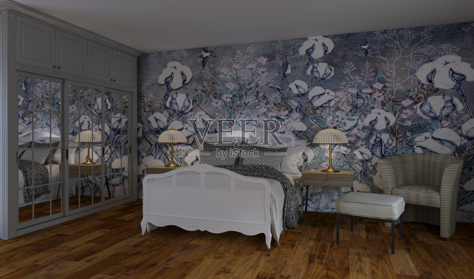 蓝色壁纸的卧室。照片摄影图片