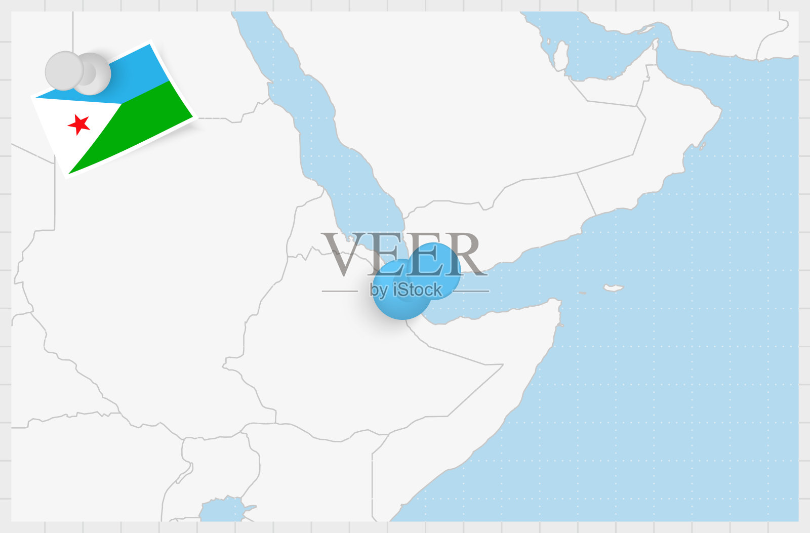 有蓝色别针的吉布提地图。吉布提的别针国旗。插画图片素材