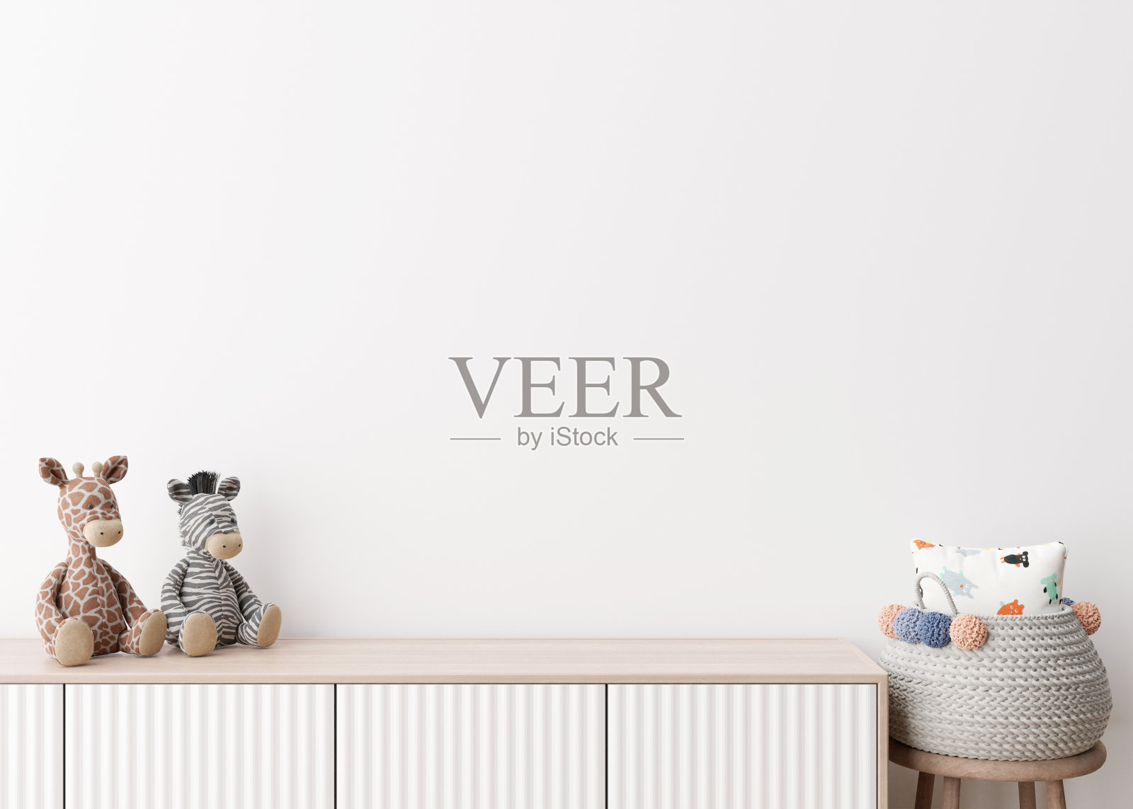 墙壁模拟在儿童房。复制空间的艺术作品，图片，海报或贴纸。儿童房模型。空白的白墙，近距离观看。餐具柜上的空白处展示玩具、产品。3 d渲染。照片摄影图片