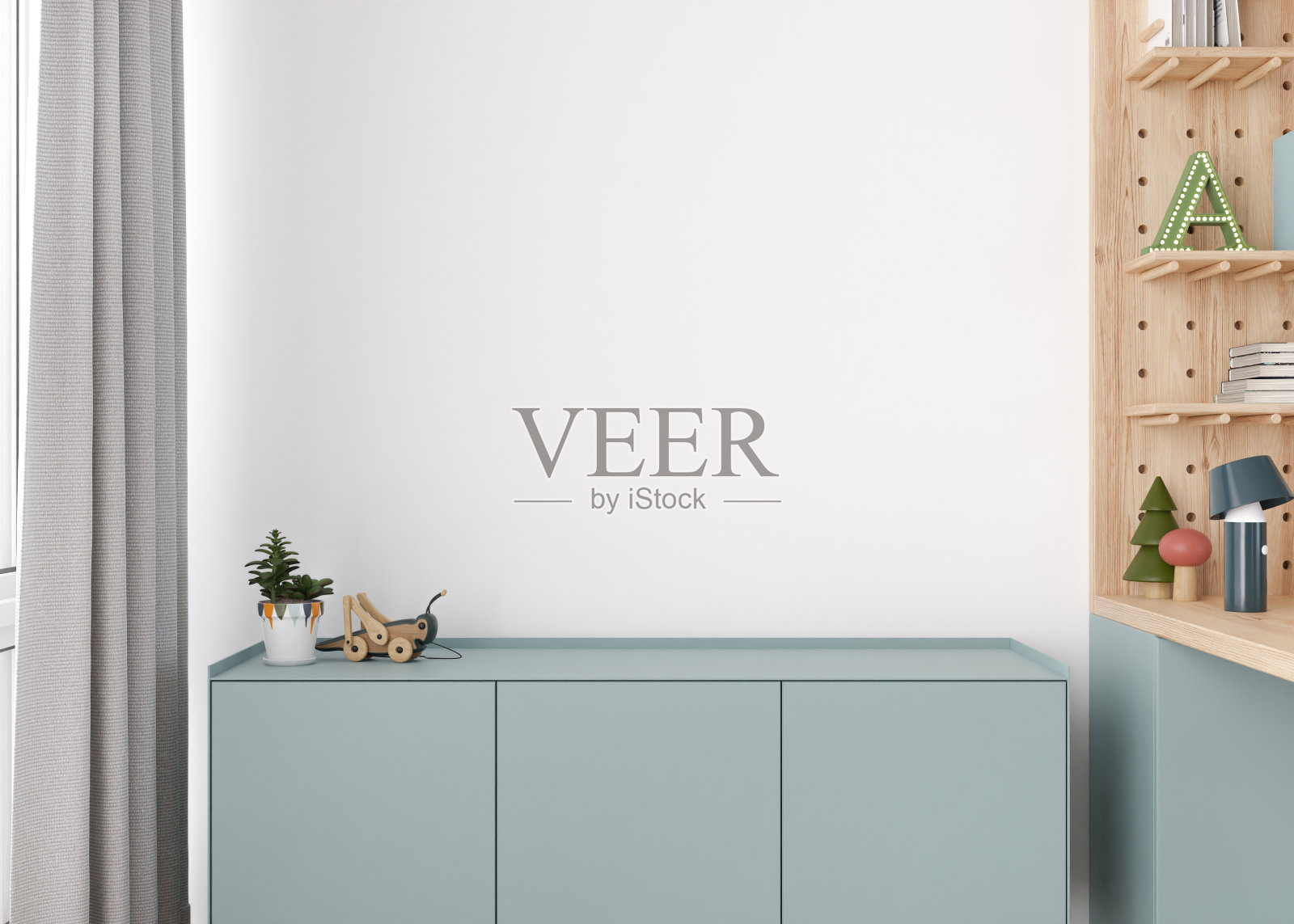 墙壁模拟在儿童房。复制空间的艺术作品，图片，海报或贴纸。儿童房模型。空白的白墙，近距离观看。餐具柜上的空白处展示玩具、产品。3 d渲染。照片摄影图片