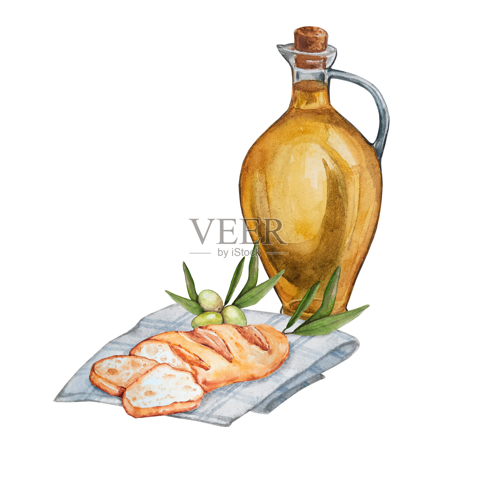 一瓶橄榄油，一条法式法棍放在毛巾上。水彩食品插图印刷在标签，明信片，卡片，织物和更多。插画图片素材