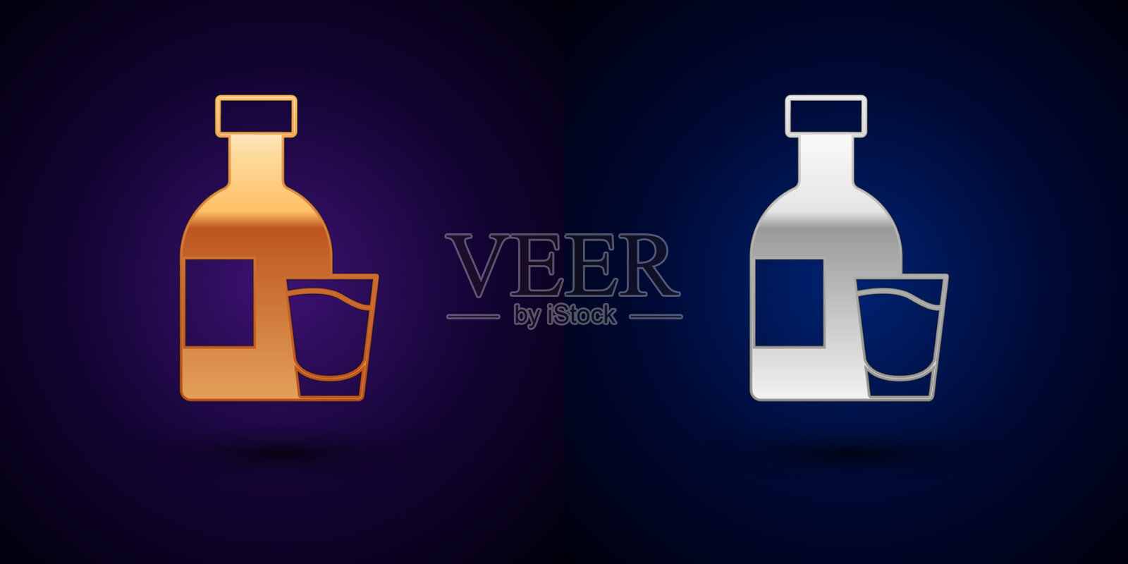 带有玻璃图标的金银伏特加酒瓶插画图片素材