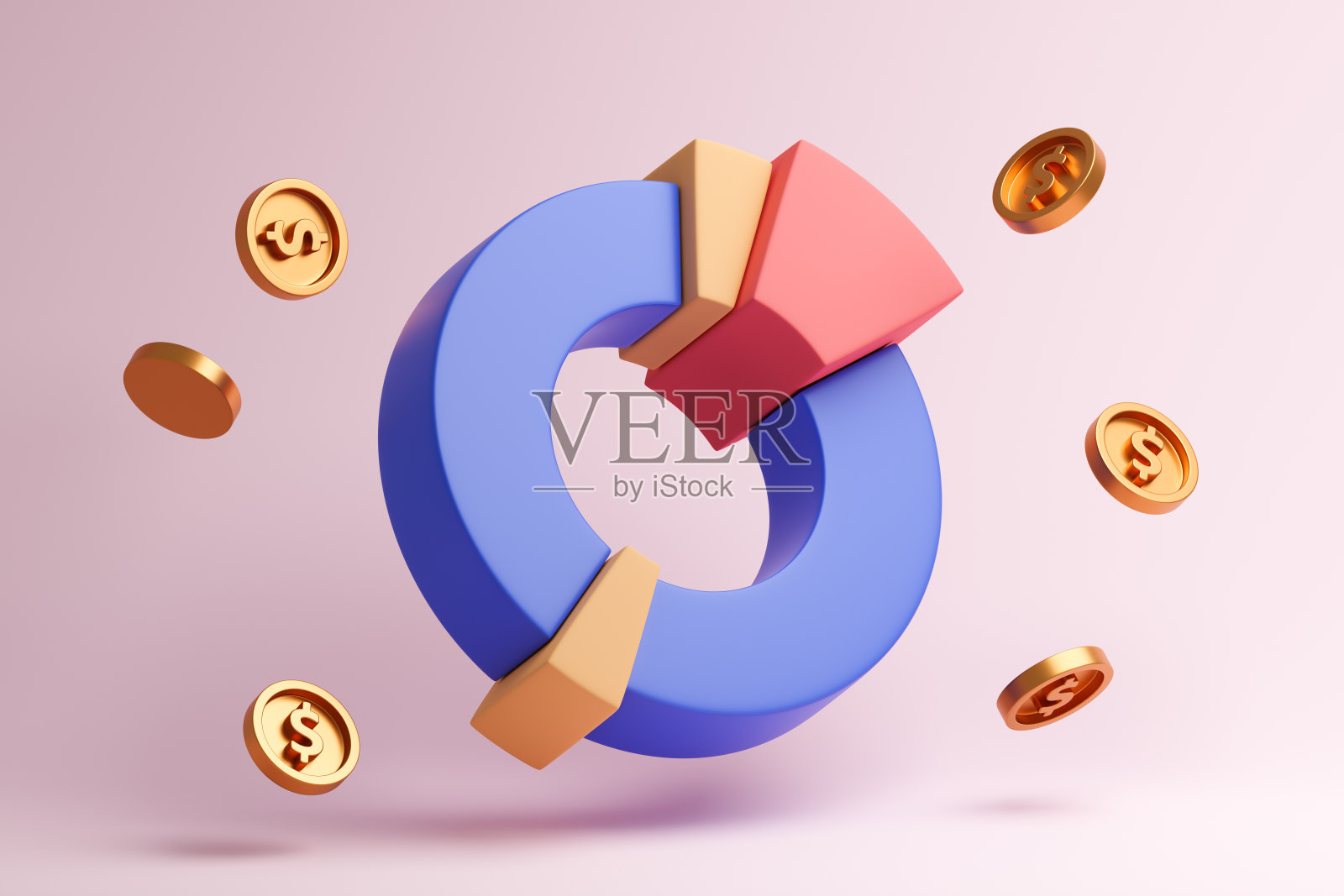 粉红色背景上有金币的圆柱形图形。照片摄影图片