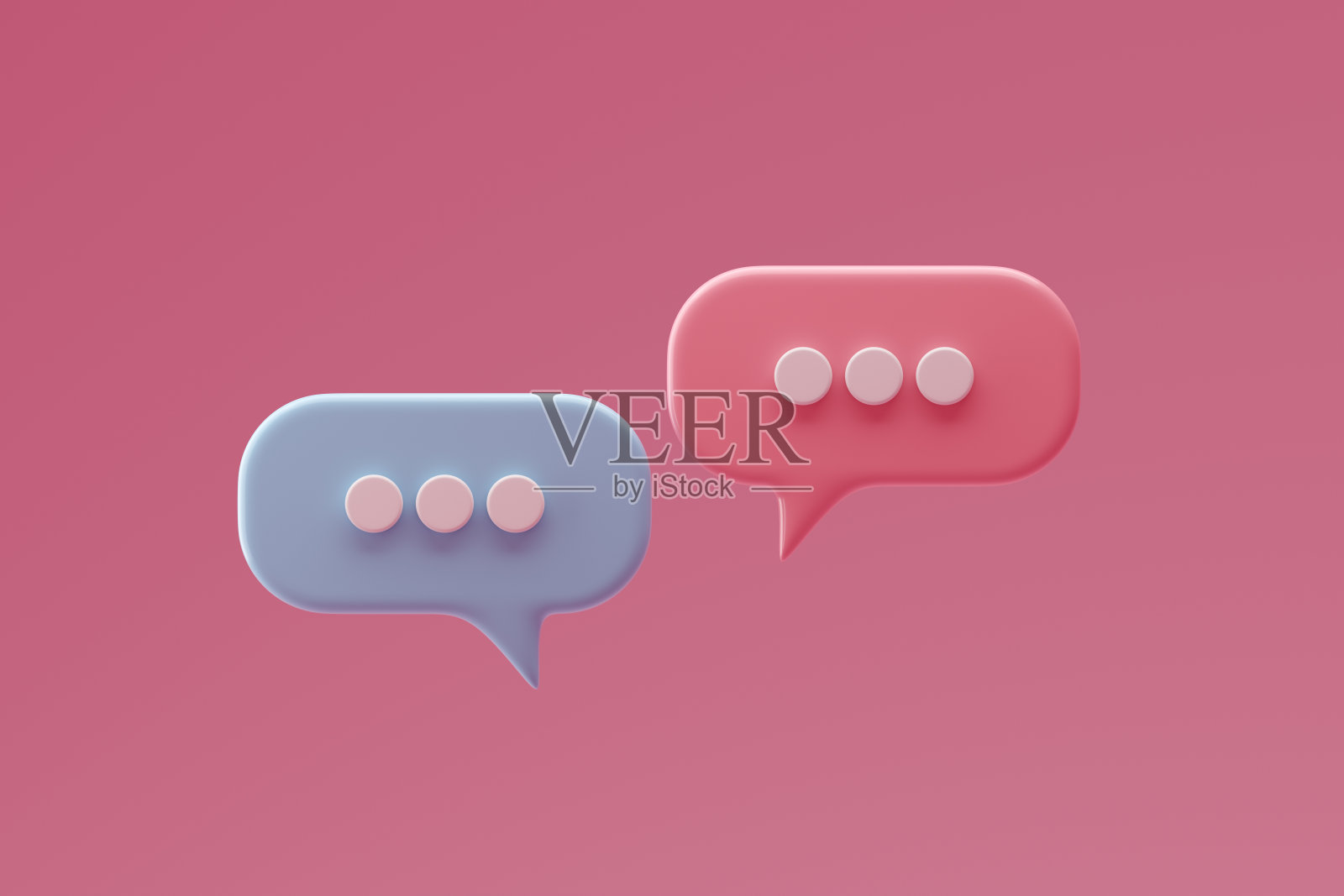 社交媒体通知图标，粉色背景上的粉色和蓝色语音气泡。照片摄影图片