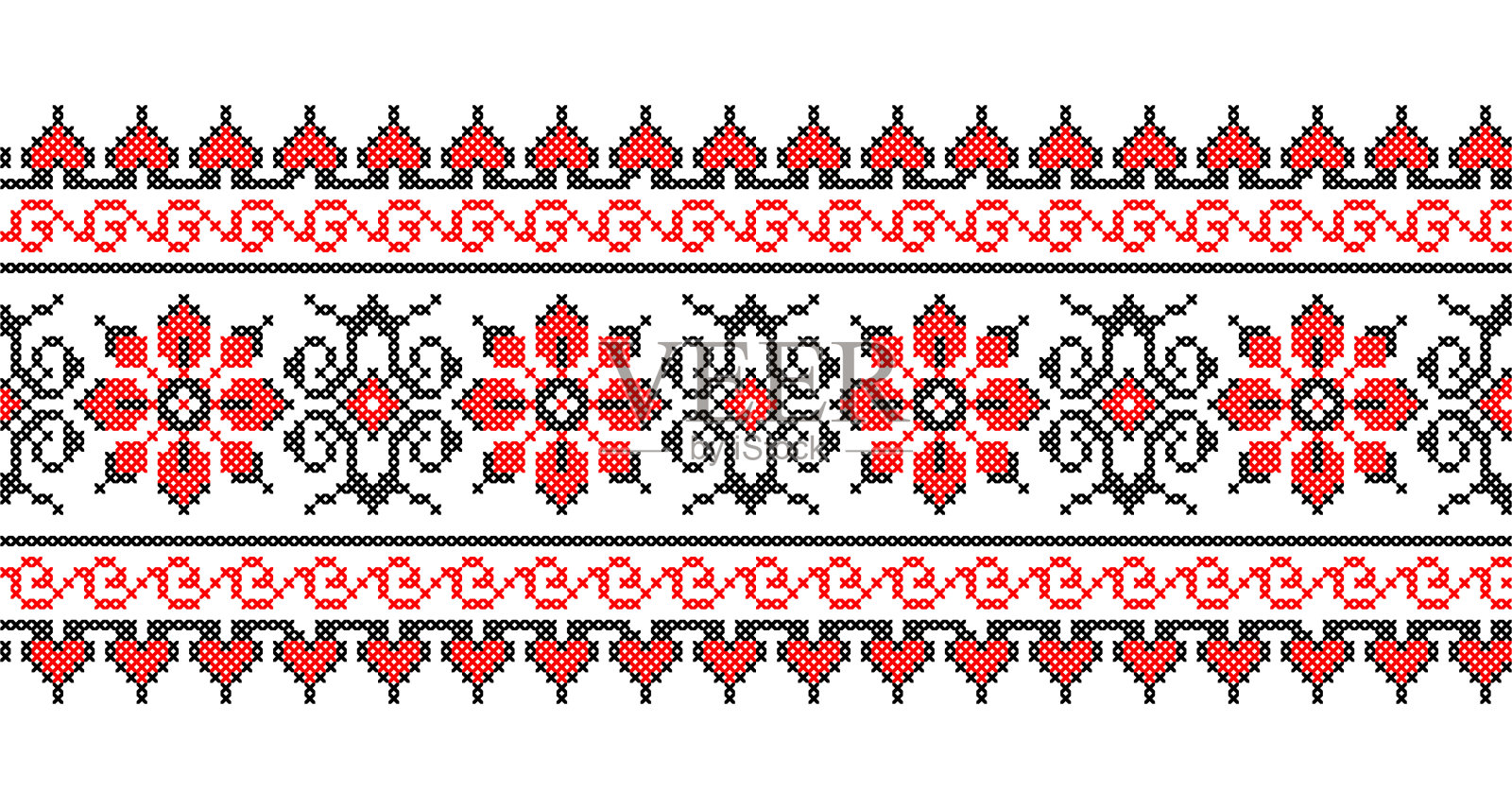 乌克兰vyshyvanka图案。矢量点缀，边框。乌克兰民间、民族、传统刺绣。红色和黑色的图案。像素艺术，十字绣插画图片素材