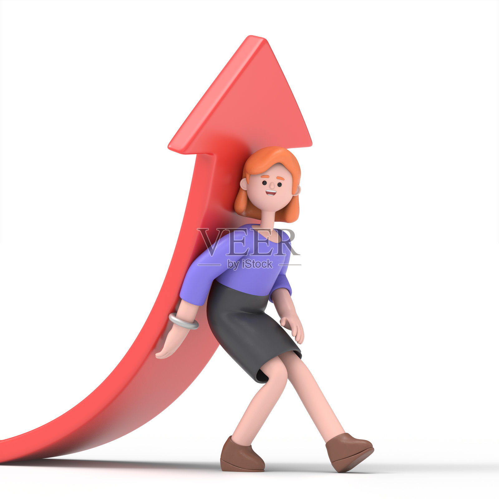 微笑的欧洲女商人艾伦举起红色箭头的3D插图，白色背景上的3D渲染。照片摄影图片