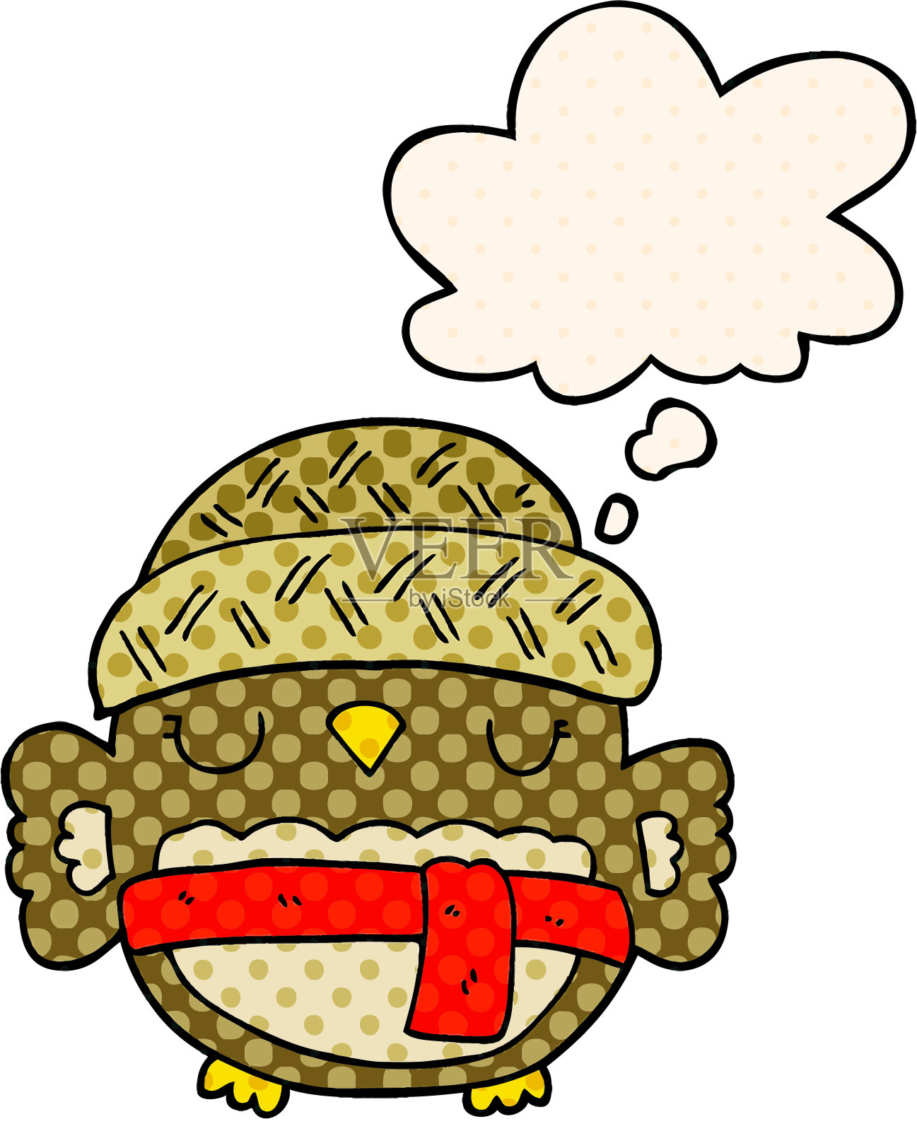 可爱的卡通猫头鹰帽子与思想泡泡在漫画风格设计元素图片