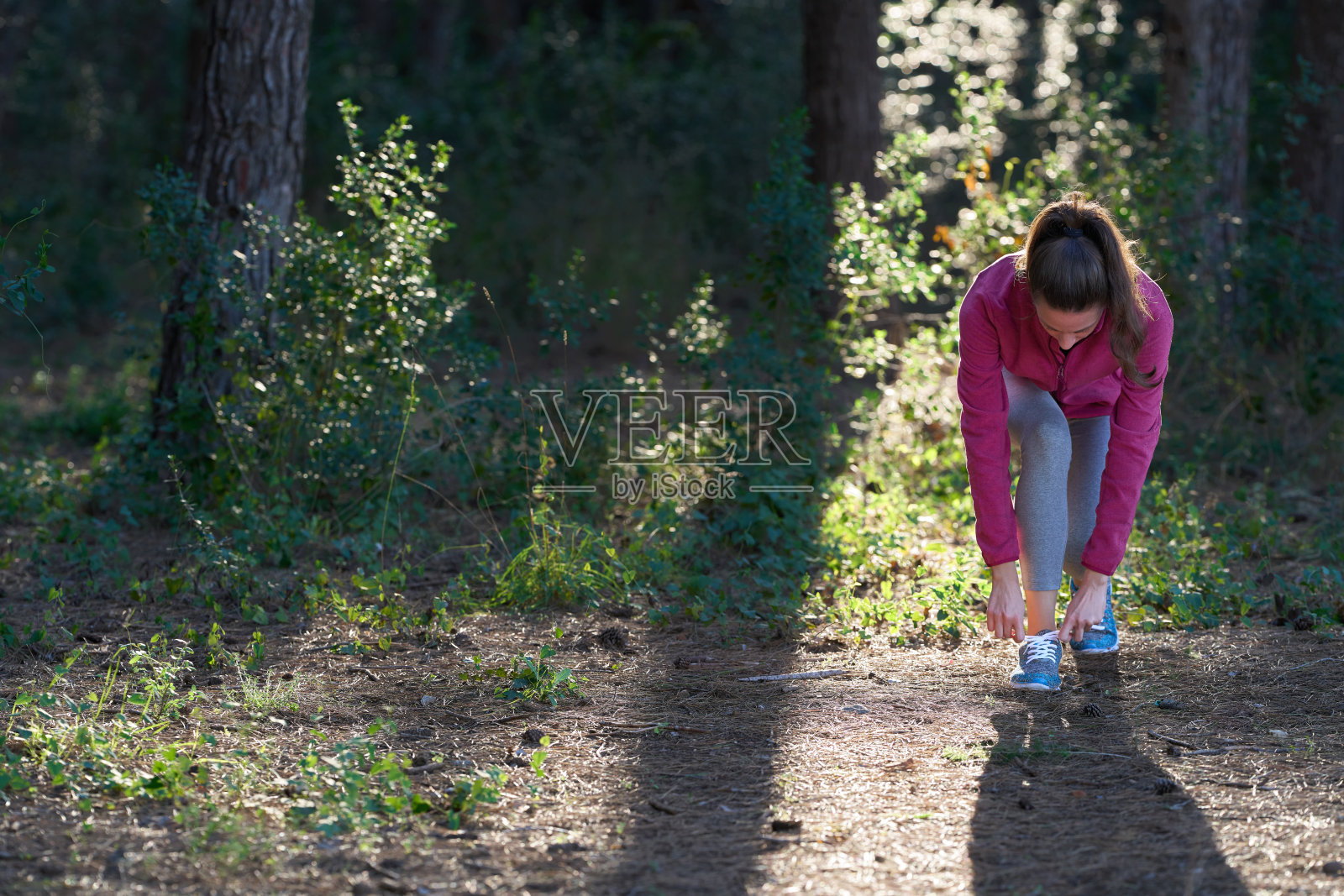 运动的女人系鞋带在森林里照片摄影图片