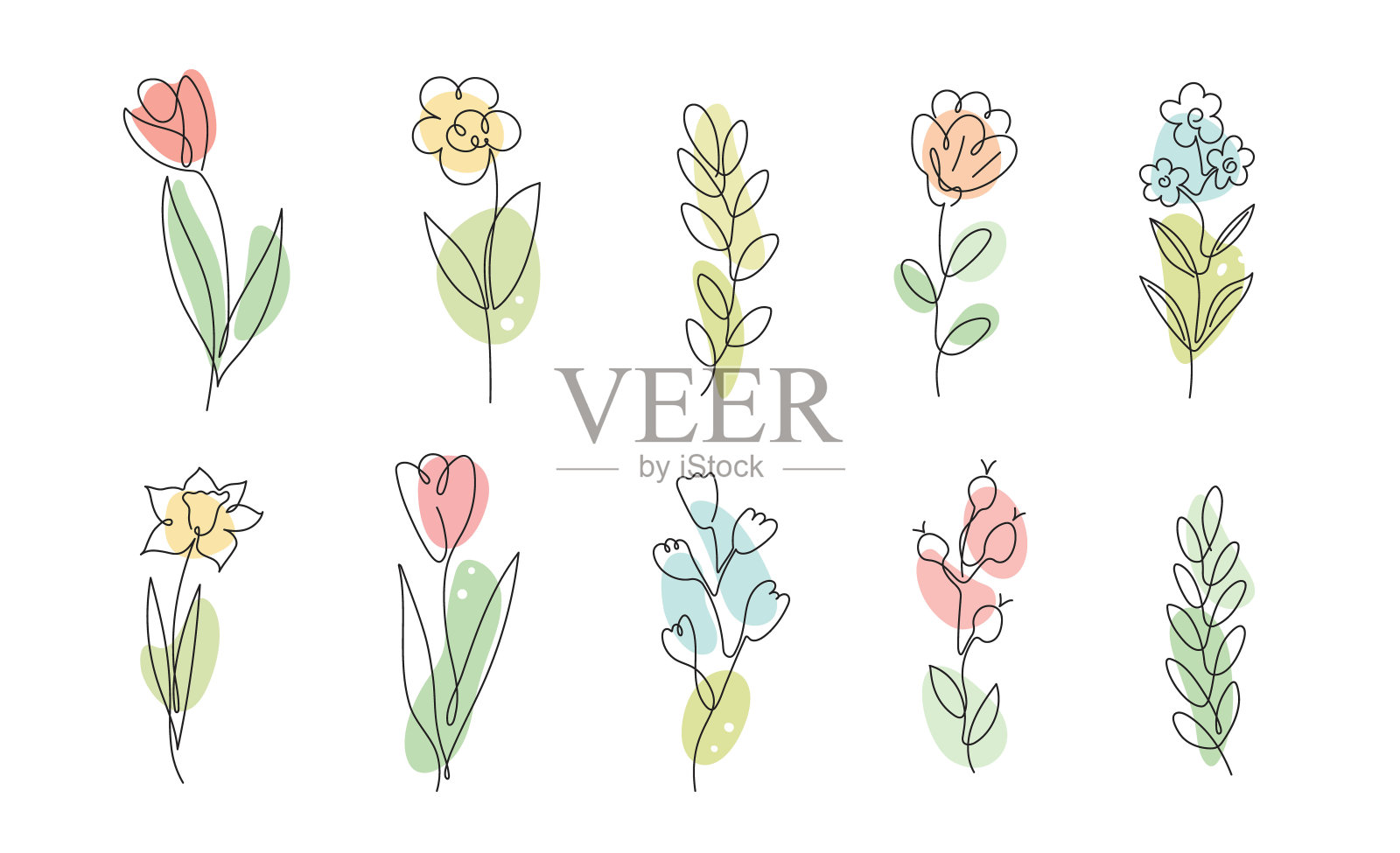 矢量集花和树枝在简单的极简主义连续轮廓线风格的标志，婚礼设计，贺卡。春夏花卉收藏。手绘线。插画图片素材