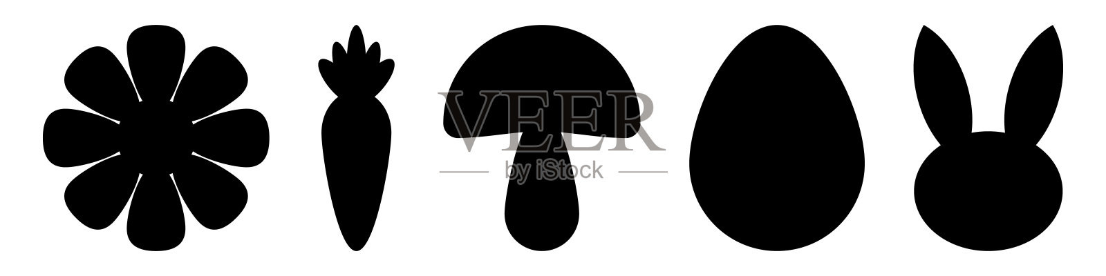 复活节图标集。复活节元素的设计。洋甘菊，胡萝卜，蘑菇，鸡蛋和兔子黑色剪影矢量插图。设计元素图片