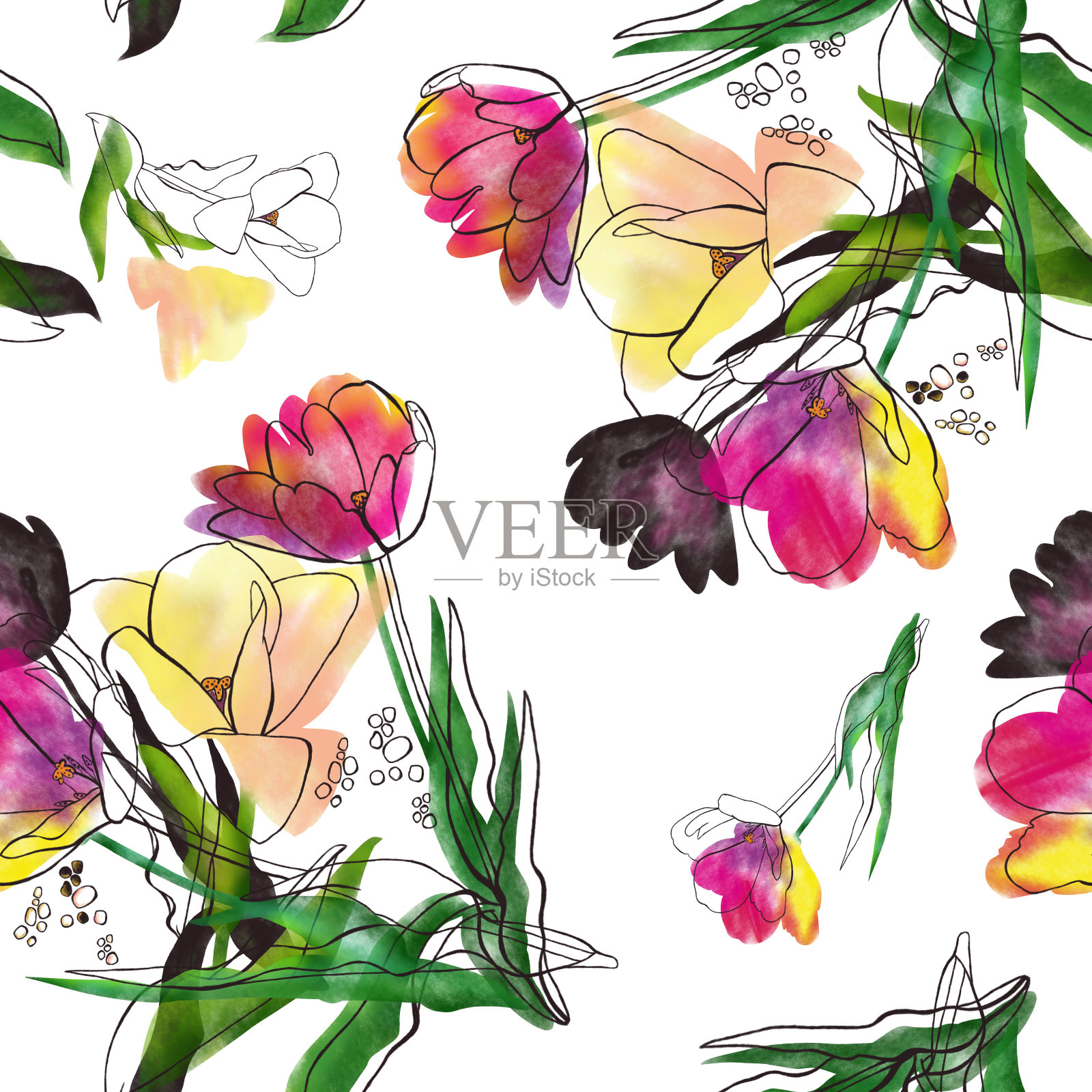 白色背景上鲜艳的装饰性郁金香花束。素描风格的花卉设计。插画图片素材