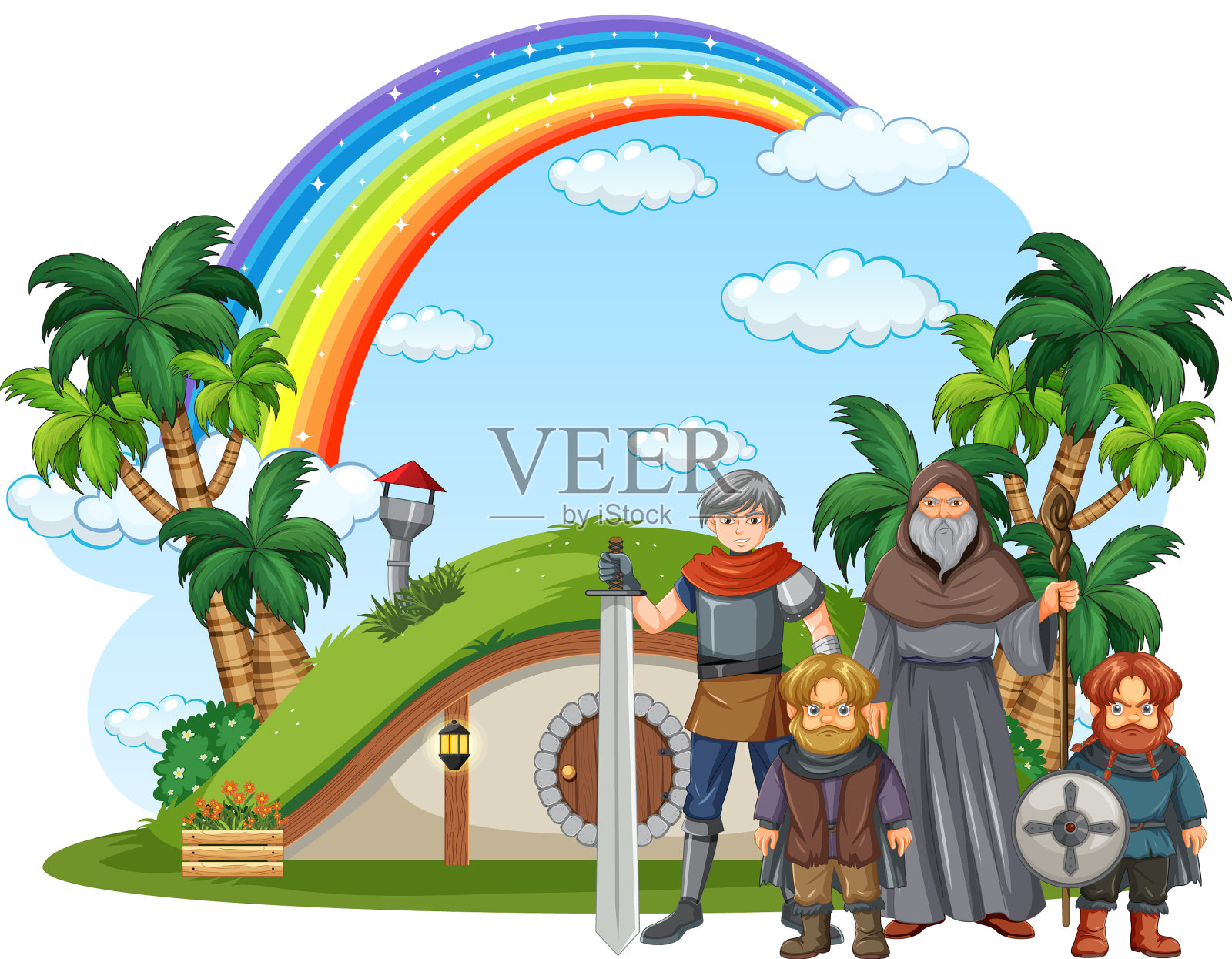 彩虹背景上的幻想卡通人物设计元素图片