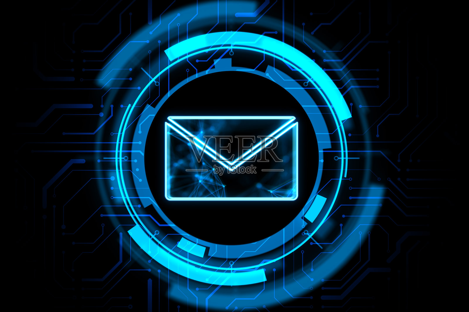 邮件，信件和电子邮件概念与数字蓝色信封符号在微电路圈上抽象的黑色背景。三维渲染照片摄影图片