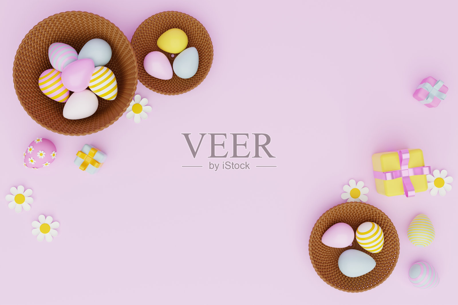 复活节可爱的插图在浅粉色的背景。三维渲染照片摄影图片