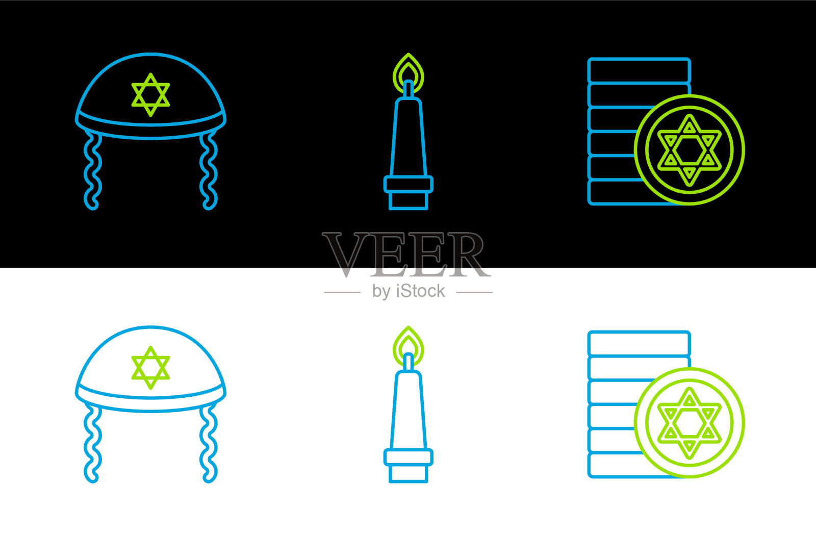 设置线犹太硬币基帕和燃烧的蜡烛图标素材