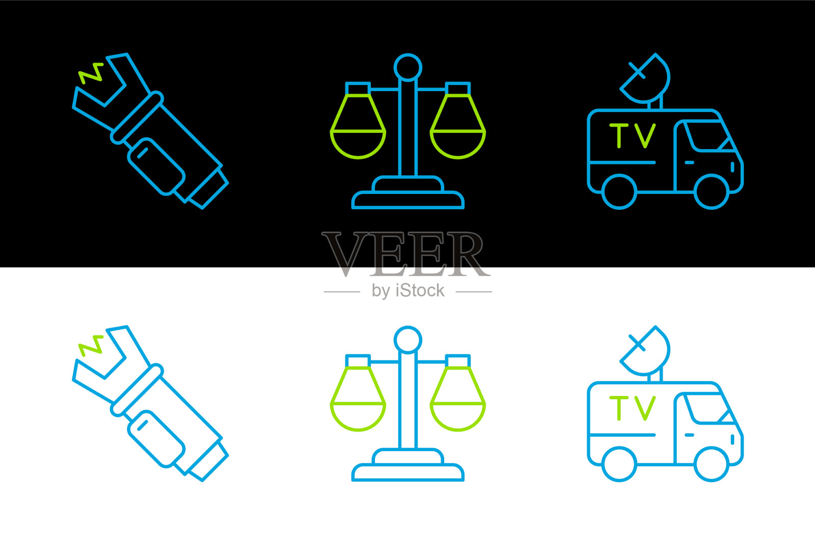 集行电视新闻，汽车警察电击和图标素材