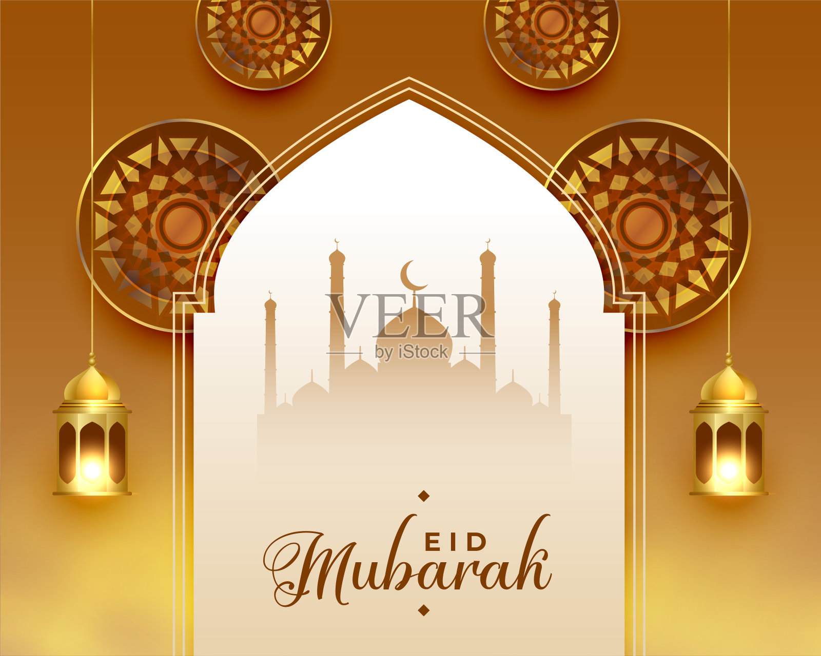 穆斯林开斋节邀请卡与清真寺和灯设计模板素材