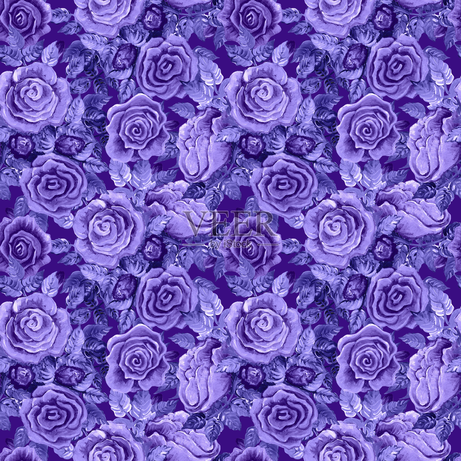 无缝的蓝色图案与玫瑰图案。插画图片素材