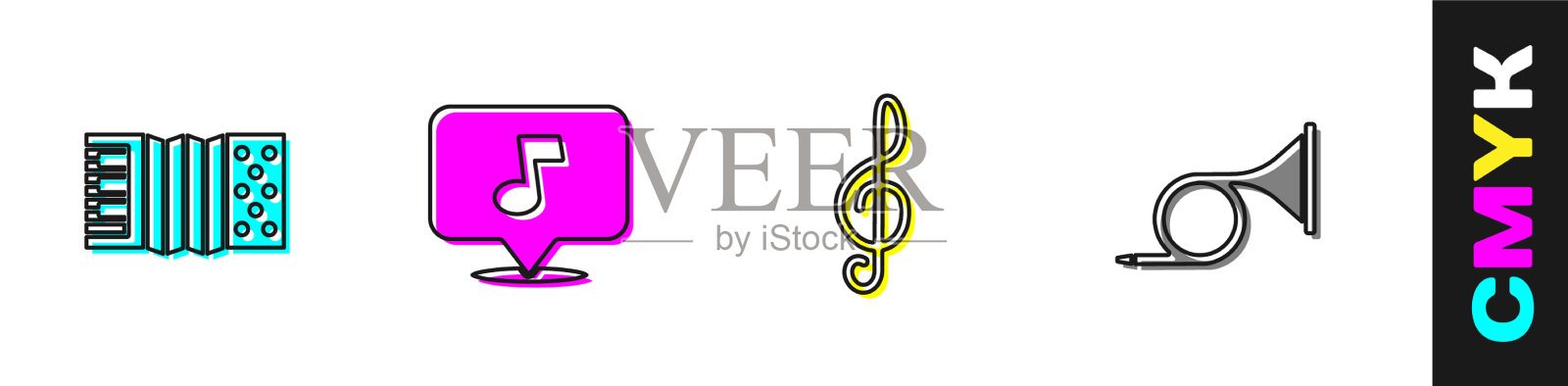 设置手风琴音乐的音符、音调、高音谱号和图标素材