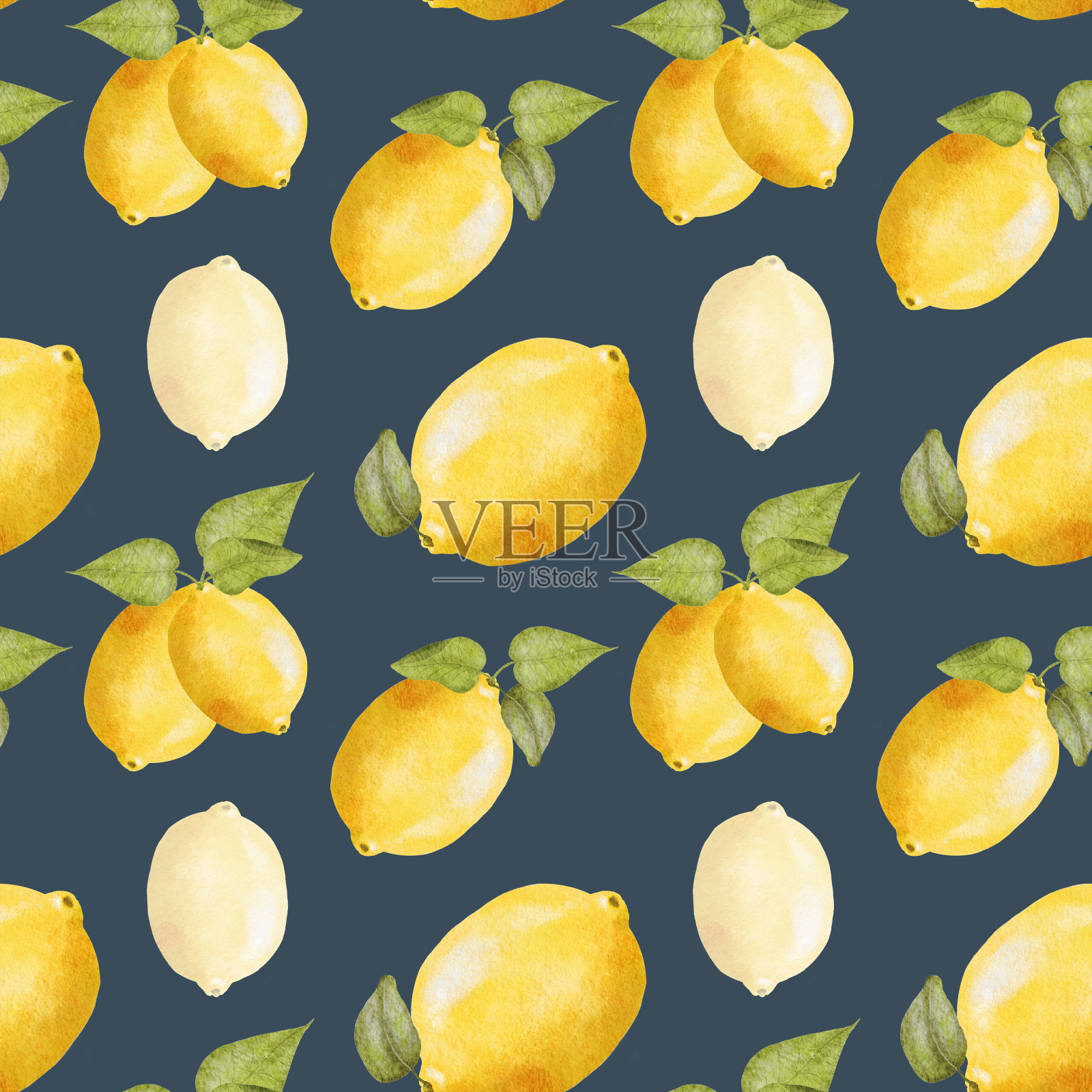 水彩柠檬无缝图案。热带水果柠檬图案。插图是手绘的。插图与水果柠檬和树叶在黑暗的背景。插画图片素材