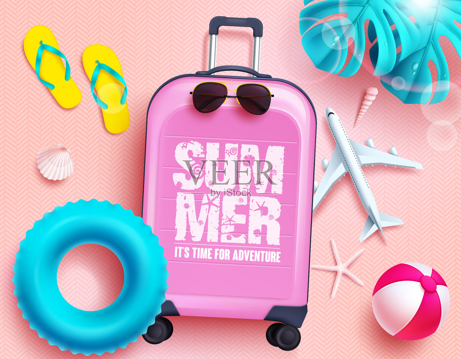 夏季矢量设计。夏天的冒险文字在行李箱元素背景的乐趣和享受假期。插画图片素材