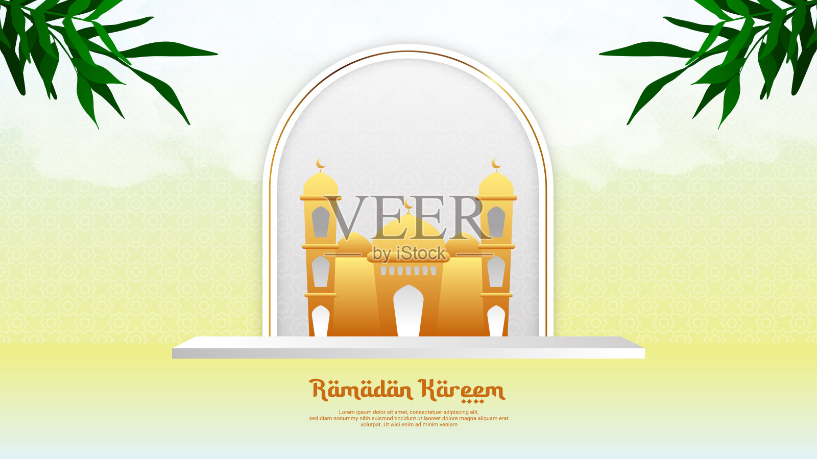 斋月讲台背景以蓝色和棕色为主，有讲台、云、树叶和清真寺元素，适合伊斯兰产品推广活动插画图片素材