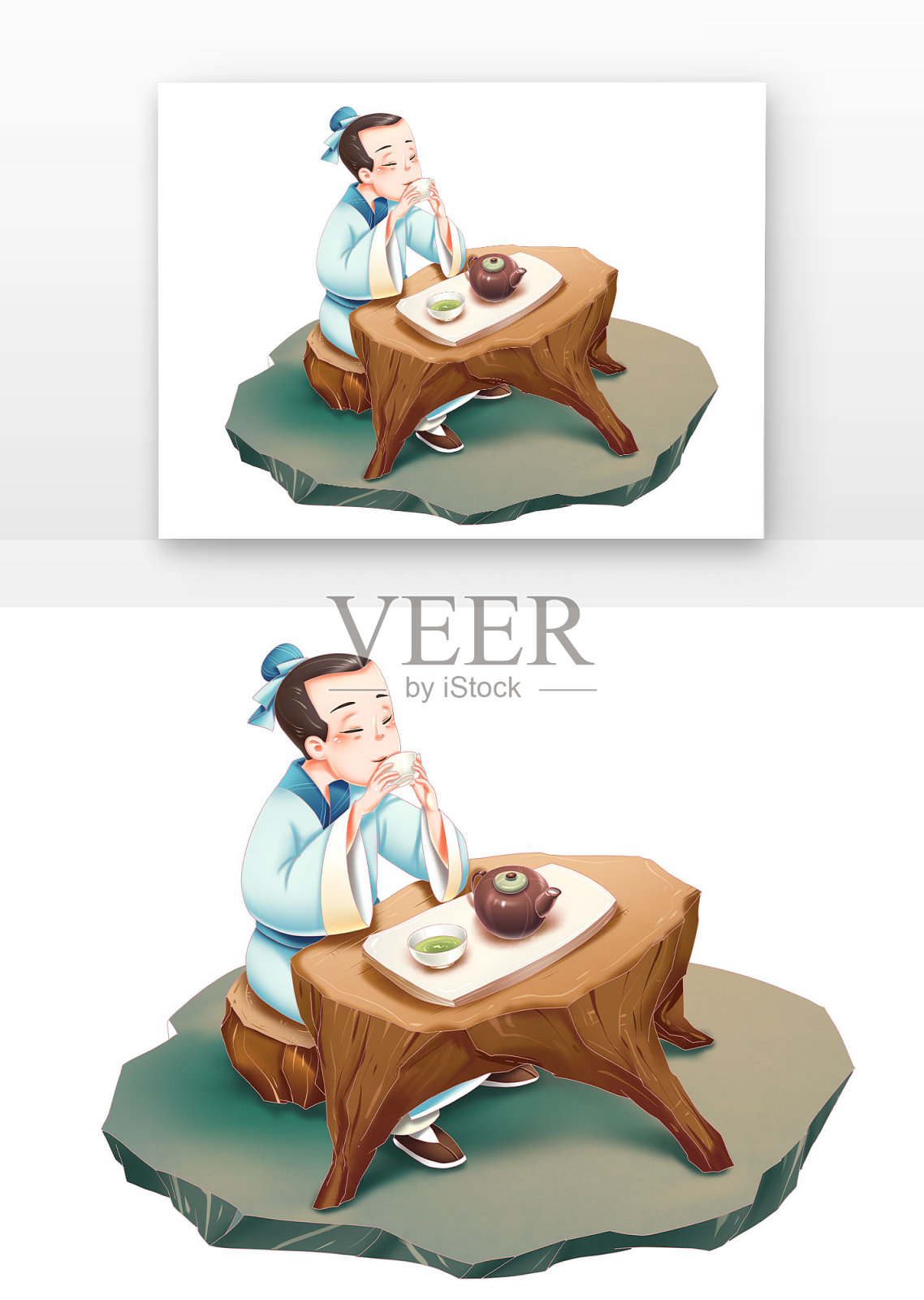 喝茶卡通古风人物设计元素图片