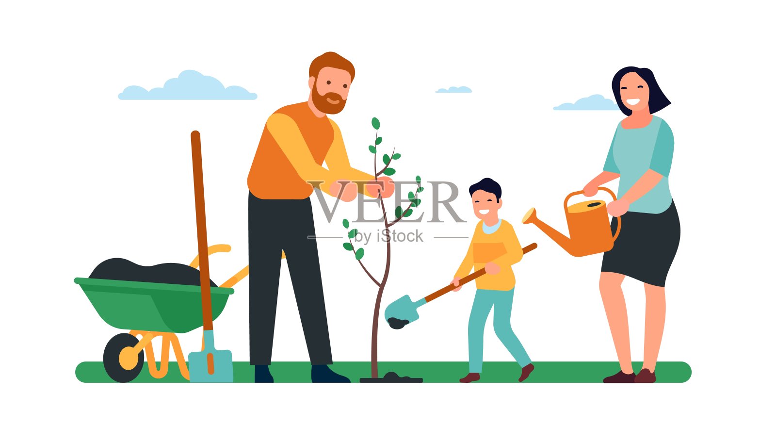 一家人种了树。爸爸和妈妈一起带着孩子种花。父母与儿子呵护灌木。为苗木挖土。手推车和喷壶。植物生长。向量的概念插画图片素材