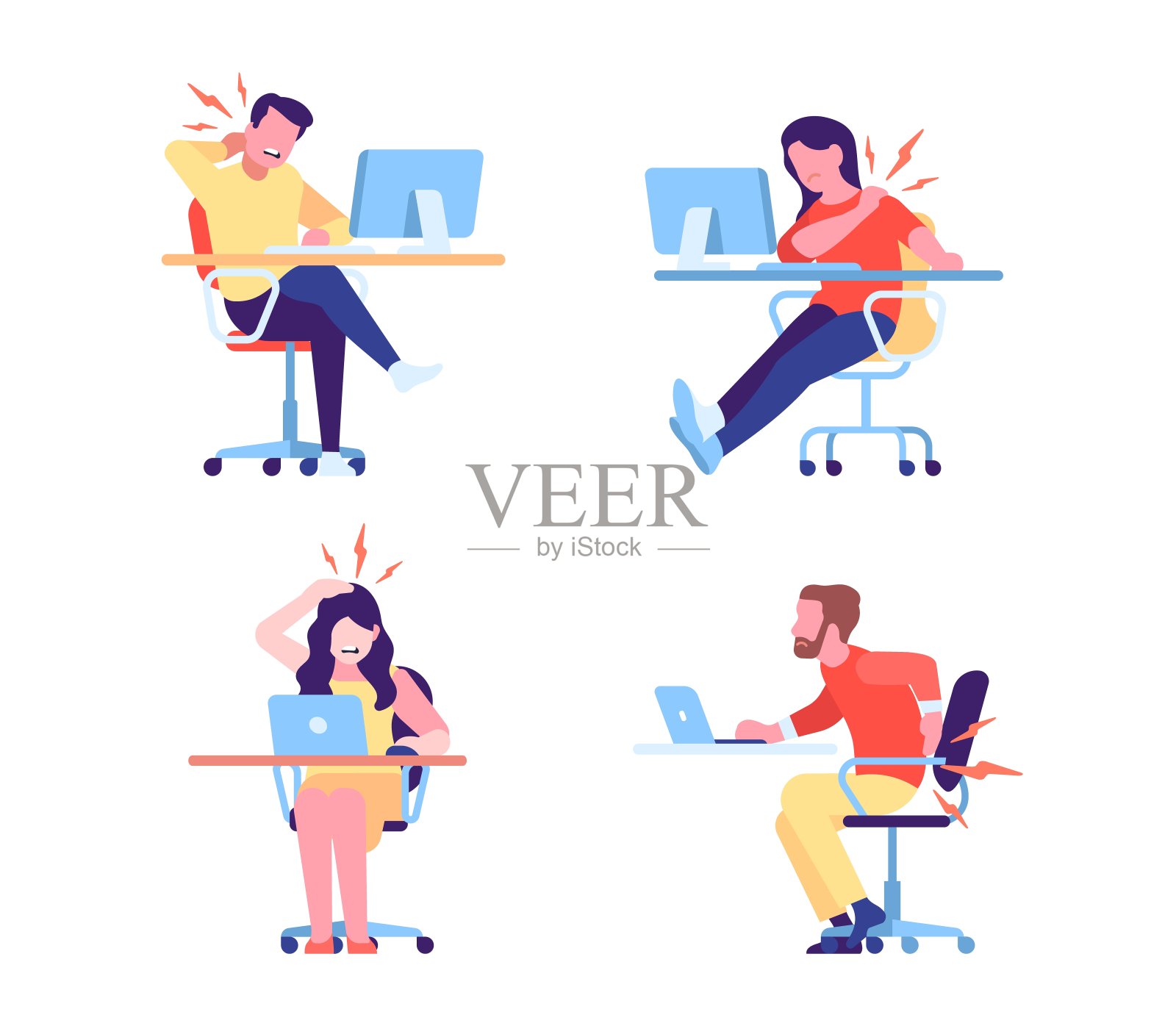 长时间在电脑前工作，因不符合人体工程学而导致颈部和背部疼痛。办公室里的男男女女坐在桌子旁。人们患有脊柱疼痛。矢员工腰痛集插画图片素材