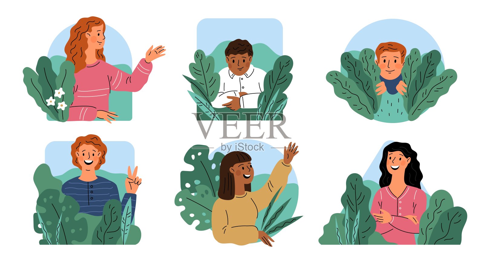 人们躲在灌木丛里。透过树叶窥视的间谍。有趣的男孩和女孩在植物的绿色。不同的帧。偷看文字。人的肖像。绿色的树叶。加里什向量集插画图片素材