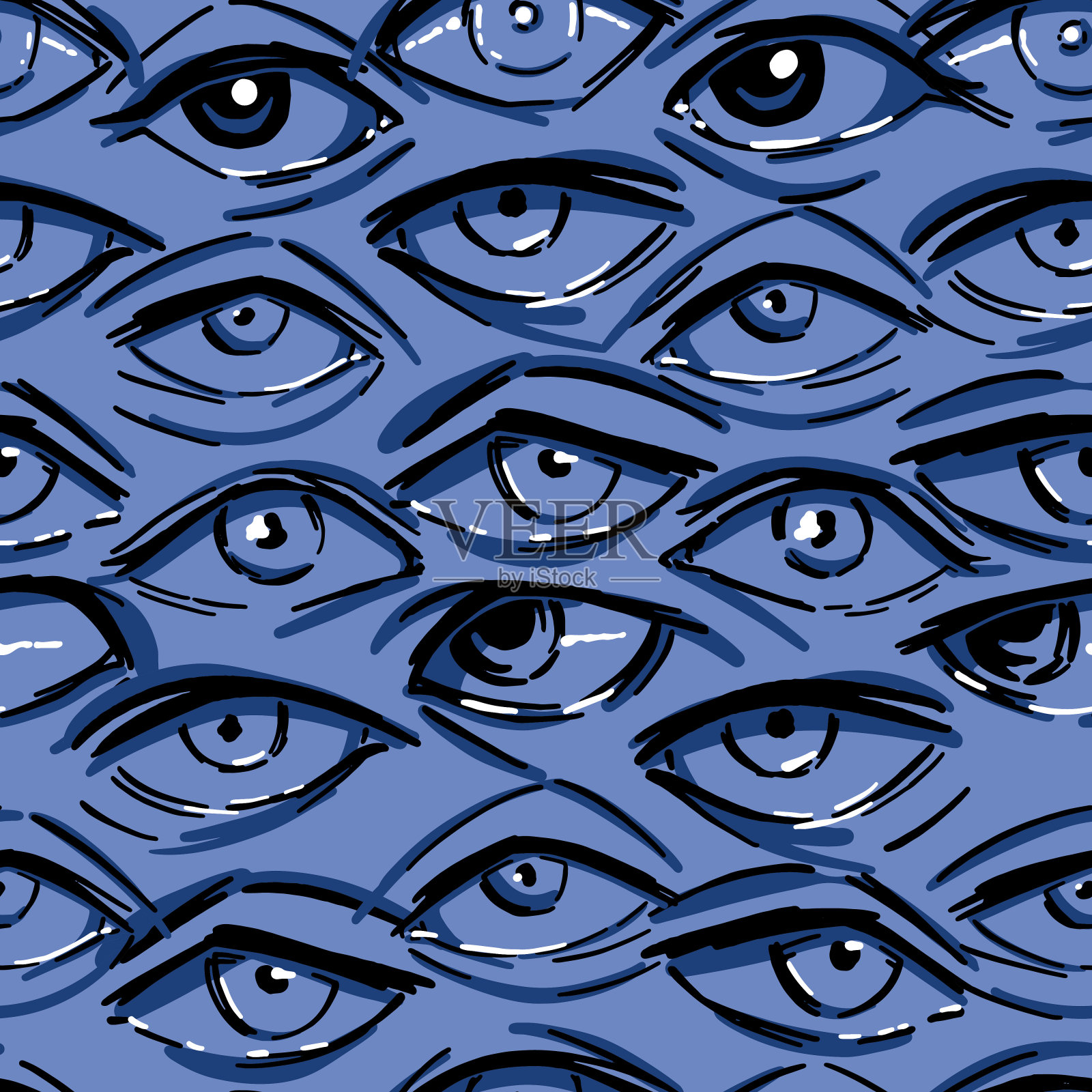 人眼抽象矢量无缝图案点缀眼睛素描复古风格的手绘设计插画图片素材