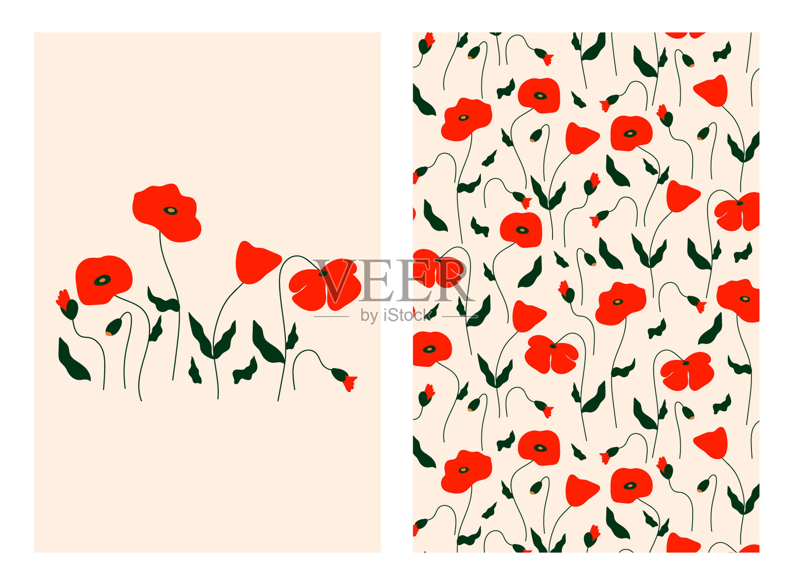 花卉卡片与装饰性手绘花卉和花卉心形。插画图片素材