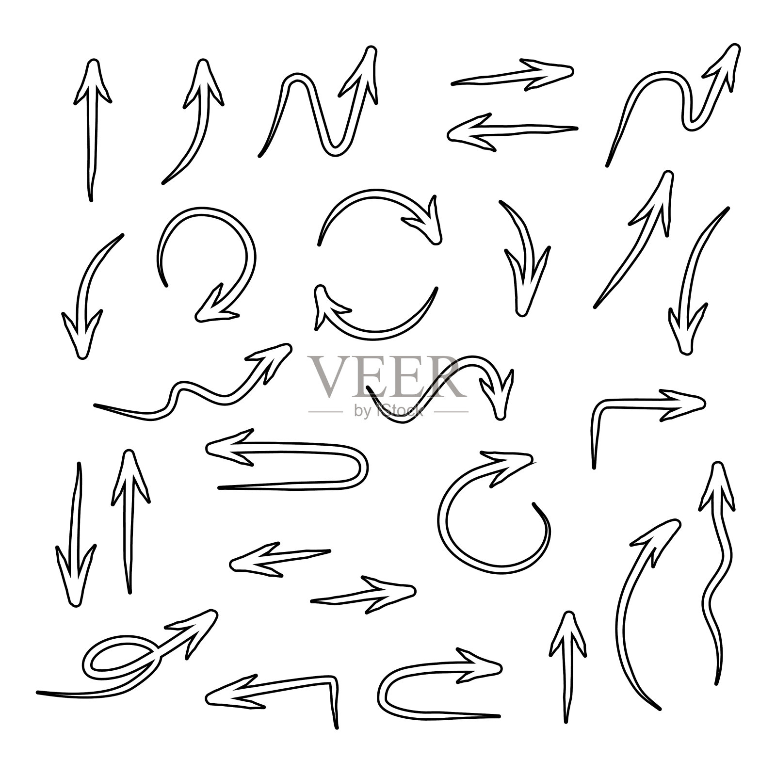 手绘箭头矢量图标集。为商业计划和教育设计草图箭头。设计元素图片