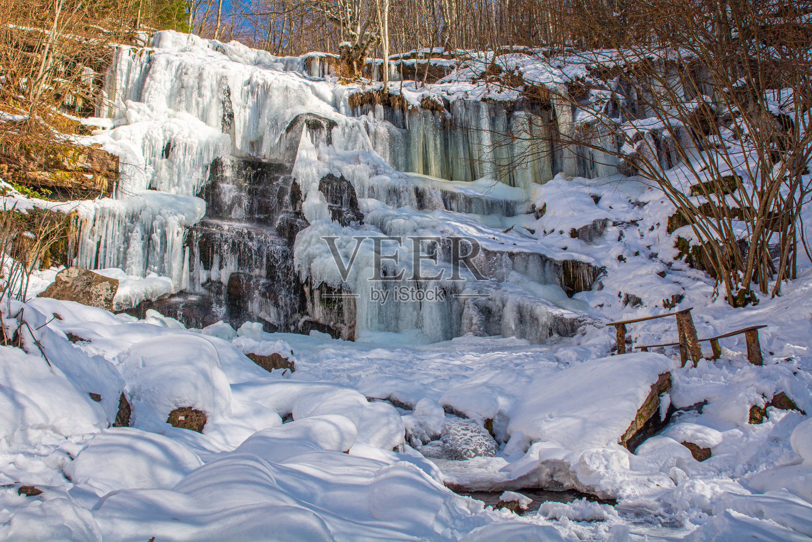 在冬天，老山(Stara Planina)上冻结的图帕维卡瀑布的冰形成照片摄影图片