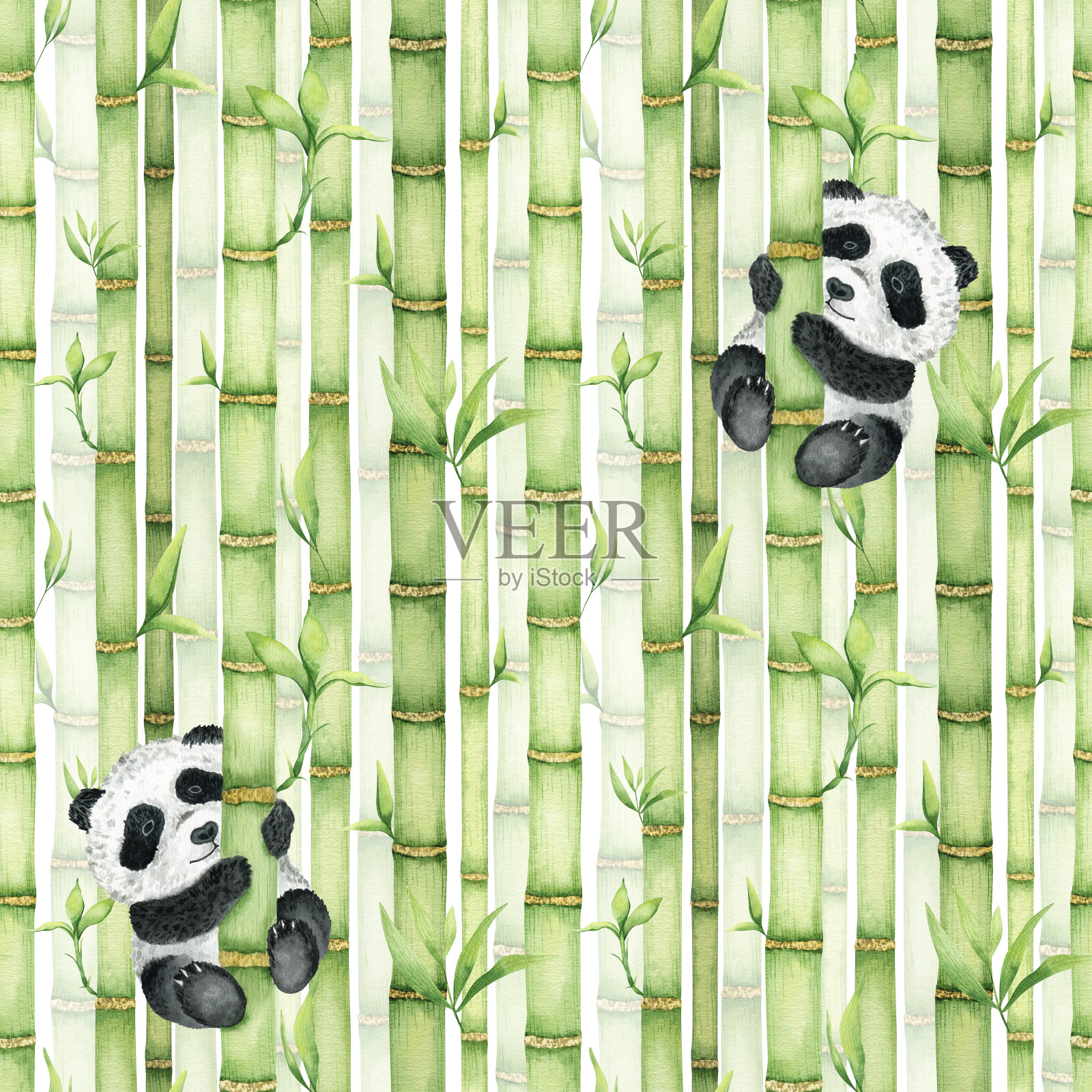 可爱的熊猫正抓着一根竹竿，竹竿。竹林。水彩无缝图案。亚洲文化。用于纺织品、包装、墙纸、明信片。插画图片素材